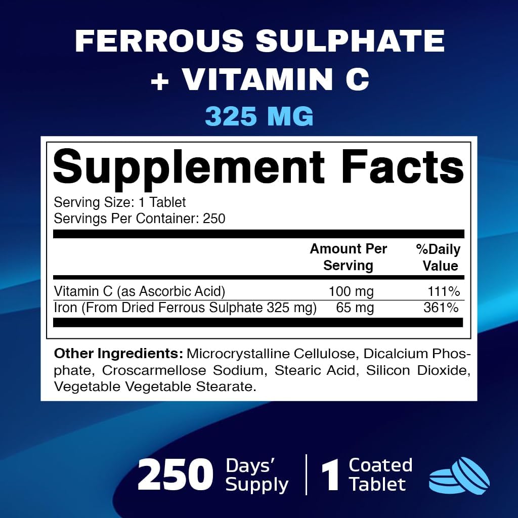 Ferrous Sulphate 325 mg + Vitamin C 100 mg 65 mg Elemental Iron Iron Supplement 250 Coated Tablets W951695
