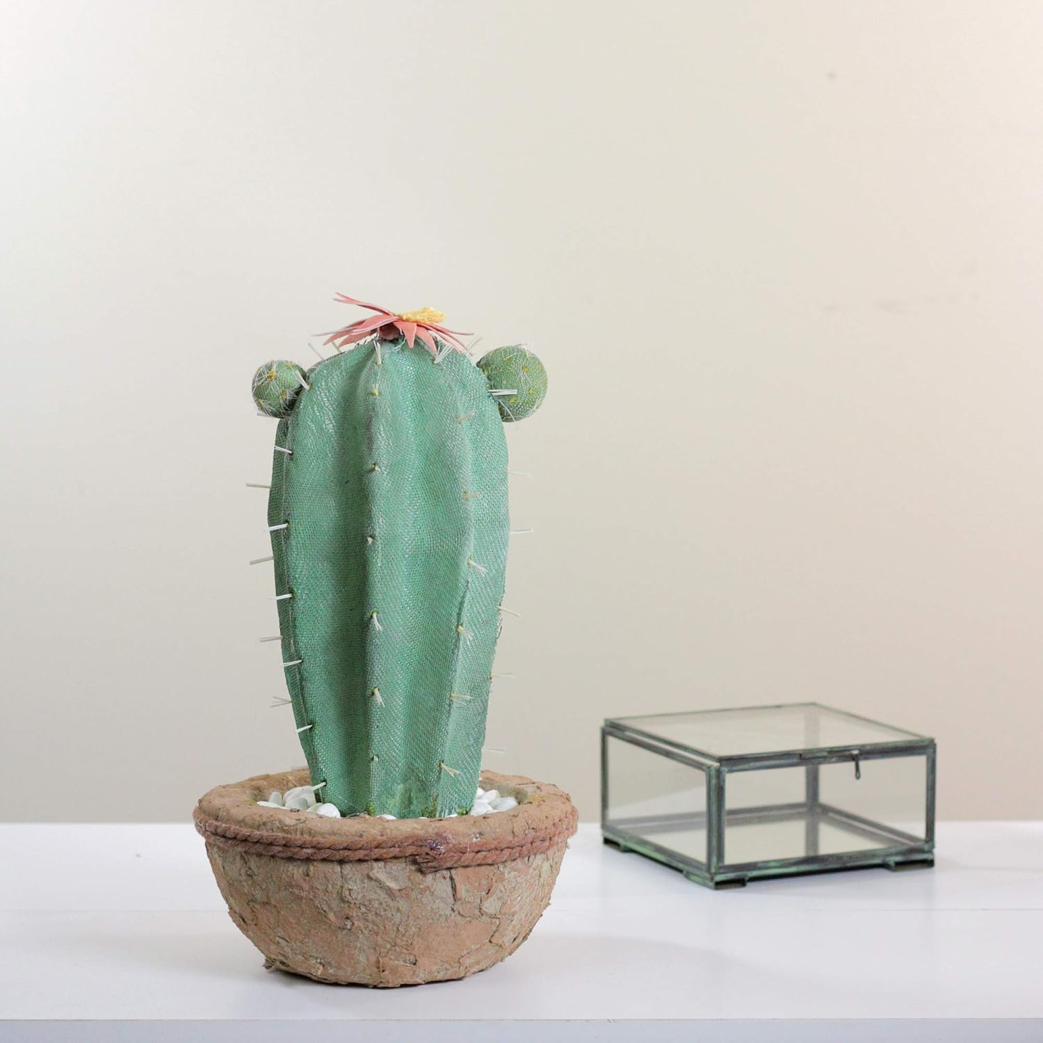 13.75” Potted Green and Brown Artificial Cactus Plant with Flowers J31751