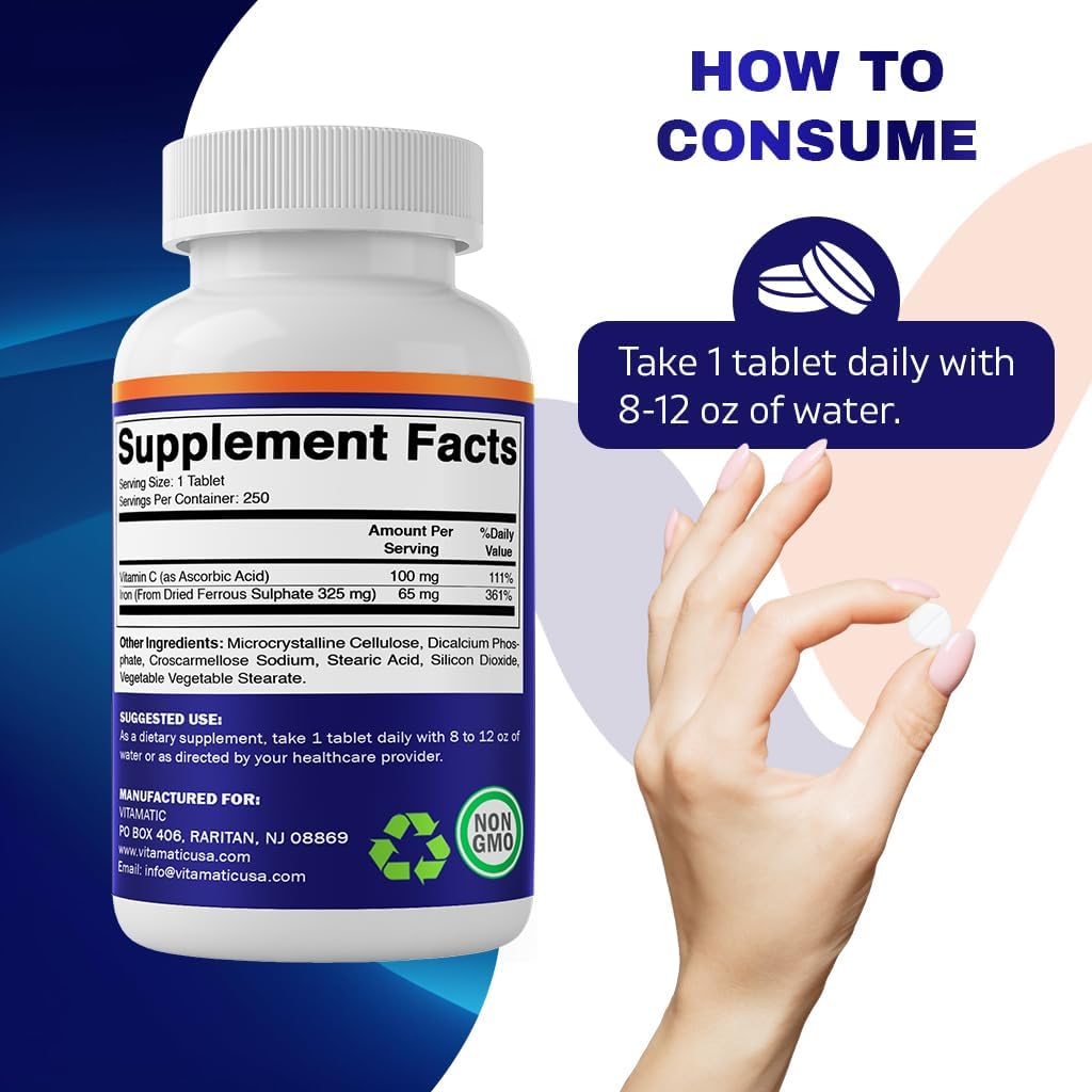 Ferrous Sulphate 325 mg + Vitamin C 100 mg 65 mg Elemental Iron Iron Supplement 250 Coated Tablets W951695