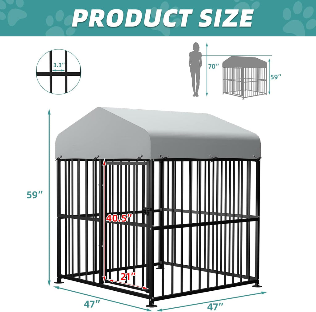 Large Outdoor Metal Dog Kennel with Top Cover, 4'L x 4'W x 5'H H577422