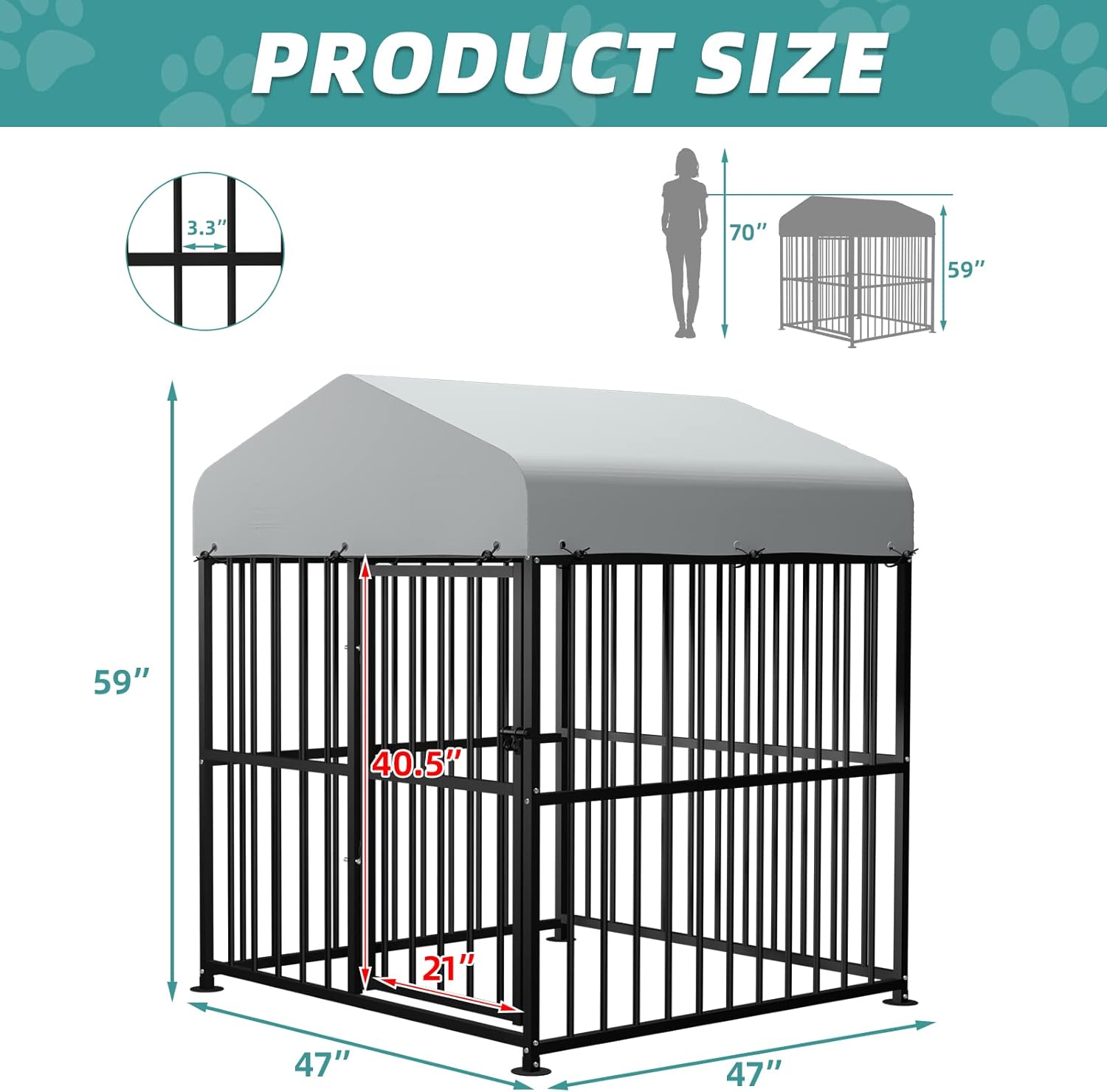 Large Outdoor Metal Dog Kennel with Top Cover, 4'L x 4'W x 5'H H577422