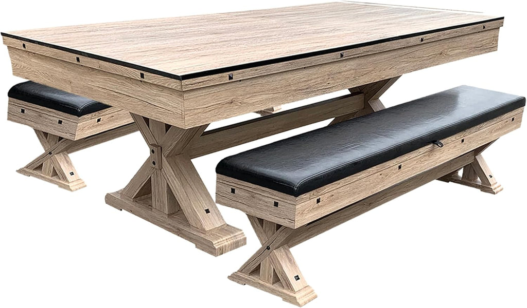 Rustic Oak 3 in 1 Multi Game Pool Table with Dining Top and Dual Storage Bench Seating C13443