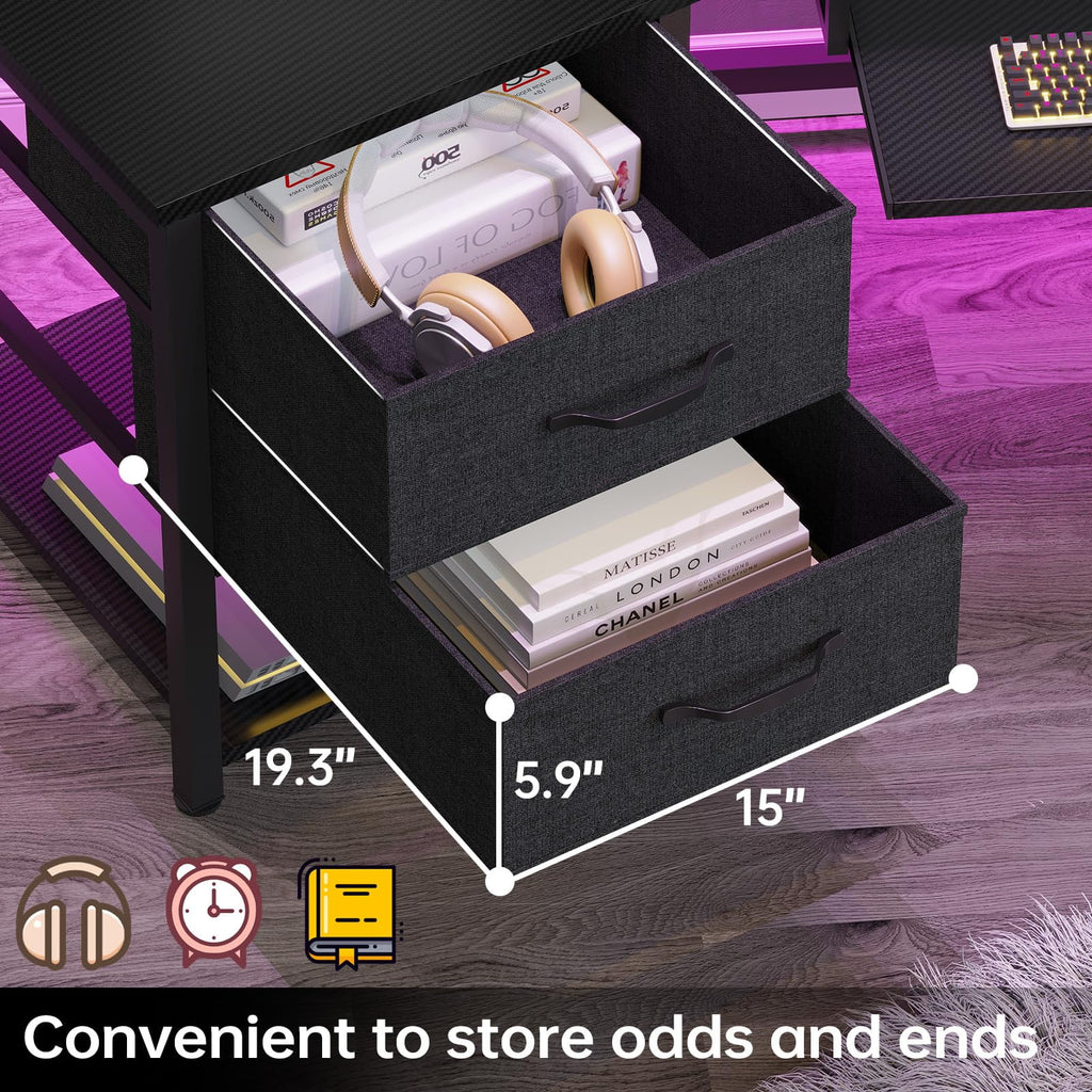 Black L Shaped Gaming Desk with LED Lights, Power Strip, 2 Fabric Drawers, Storage Shelf, Keyboard Tray D138428
