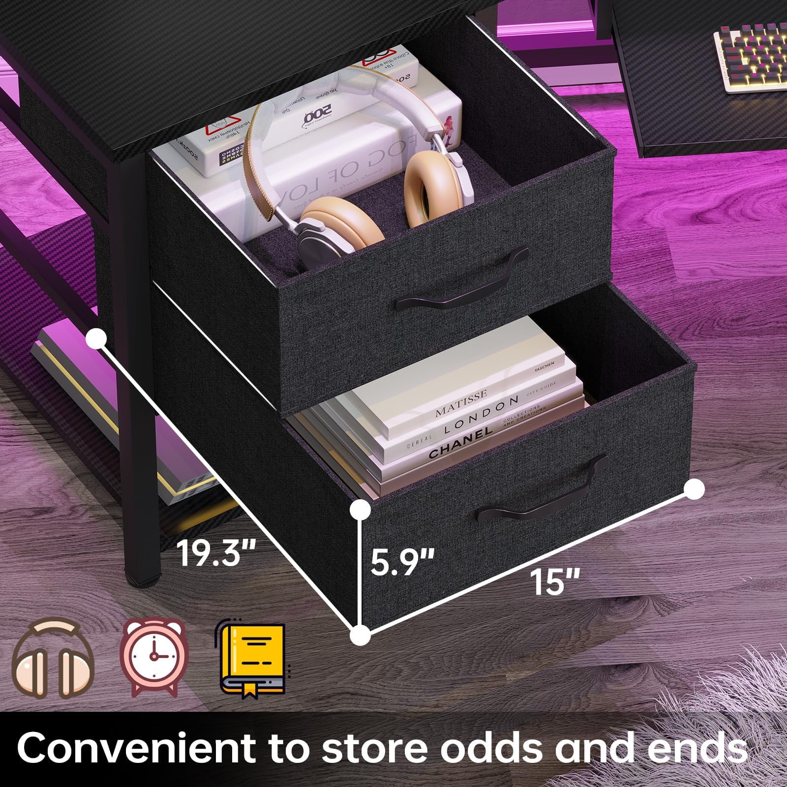 Black L Shaped Gaming Desk with LED Lights, Power Strip, 2 Fabric Drawers, Storage Shelf, Keyboard Tray D138428