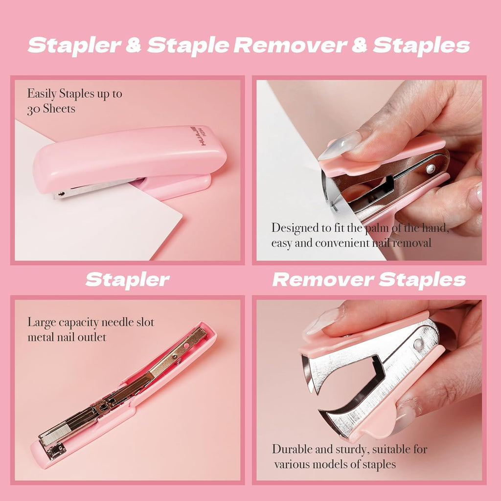 Pink Office Supplies Set with Stapler, Tape Dispenser, Pen Holder, 1000 Staples V7265