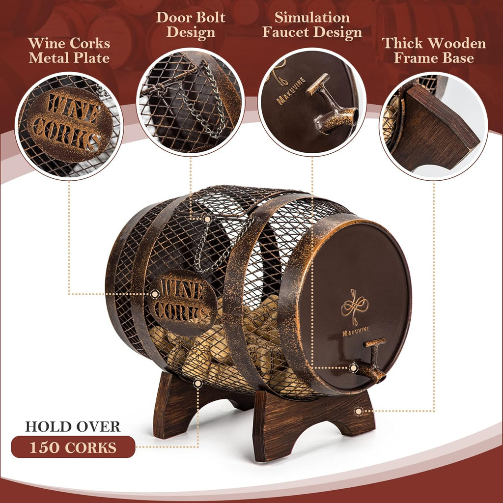 Rustic Metal Large Barrel Wine Cork Holder Display On Wooden Stand L42063