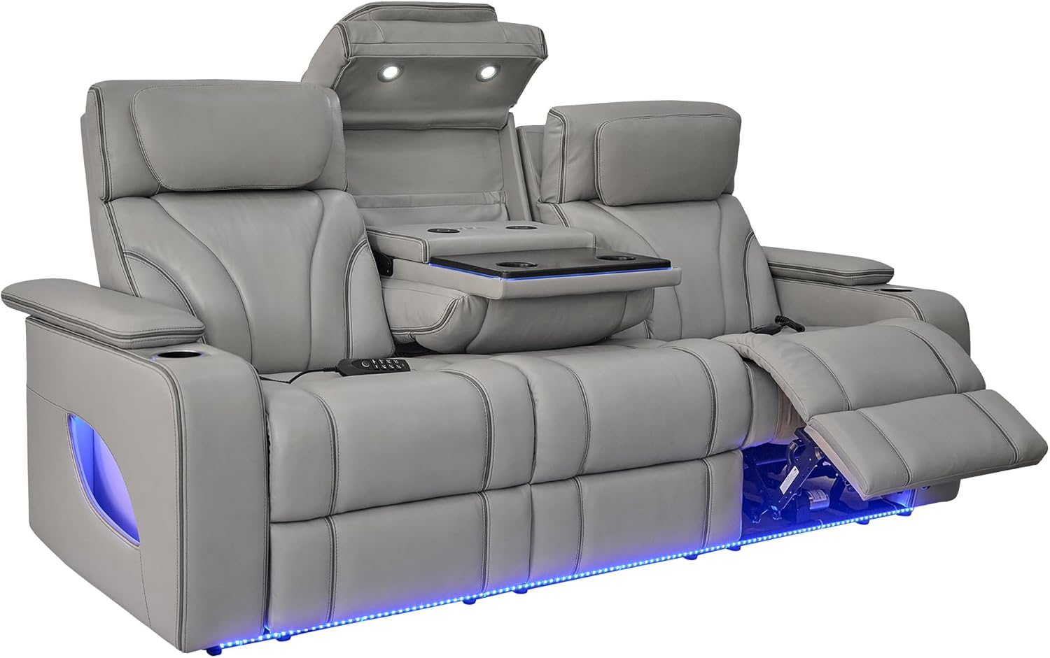 86" Wide Silver Gray Top Grain Leather Power Reclining Heated Massage Sofa S6515