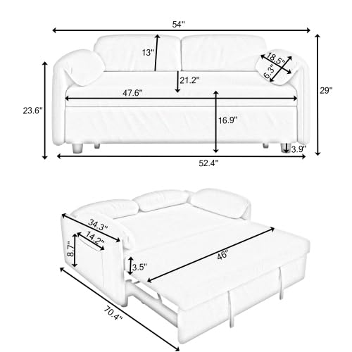 54'' Velvet 2-Seater Pull Out Sofa Bed with Storage Pockets V4514