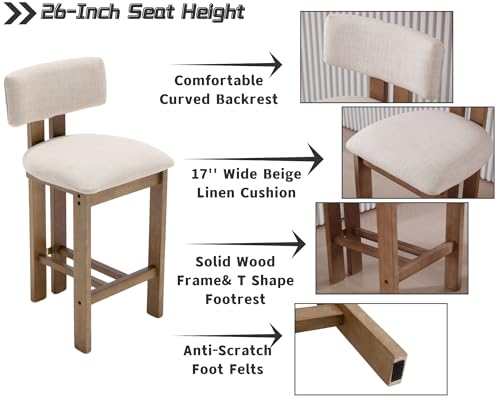 Set of 4 Beige Linen Upholstered Bar Height Stools with Hardwood Frame F283047