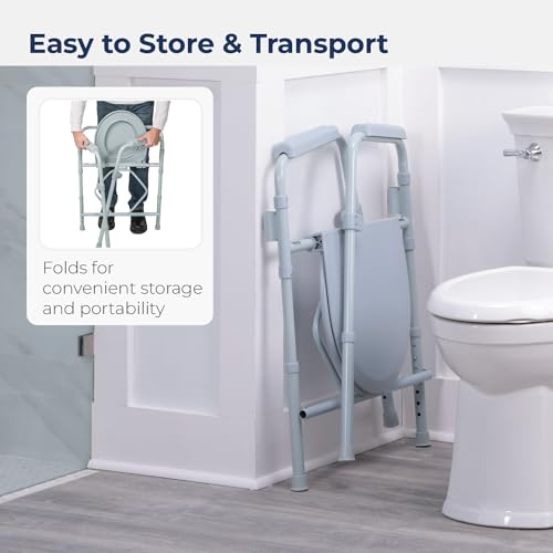Folding Steel Bedside Commode Chair with 7.5 Qt. Bucket, Grey R931