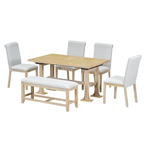 6-Piece Extendable Dining Table Set with Removable Leaf and Upholstered Chair and Bench U6280