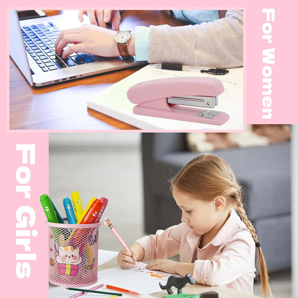 Pink Office Supplies Set with Stapler, Tape Dispenser, Pen Holder, 1000 Staples V7265
