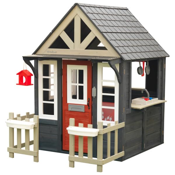 Wooden Playhouse with Working Doorbell, Fence, Kitchen and Pet Door M721348