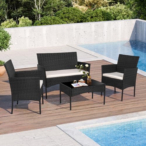 Black 4 Piece Wicker Patio Furniture Set with Tempered Glass Coffee Table Y700710