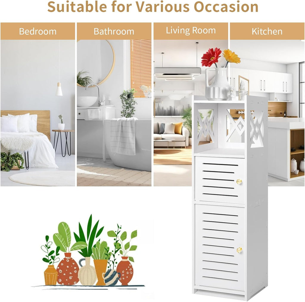 Slim Bathroom Storage Cabinet with Double Door and 3 Tier Shelf J7195