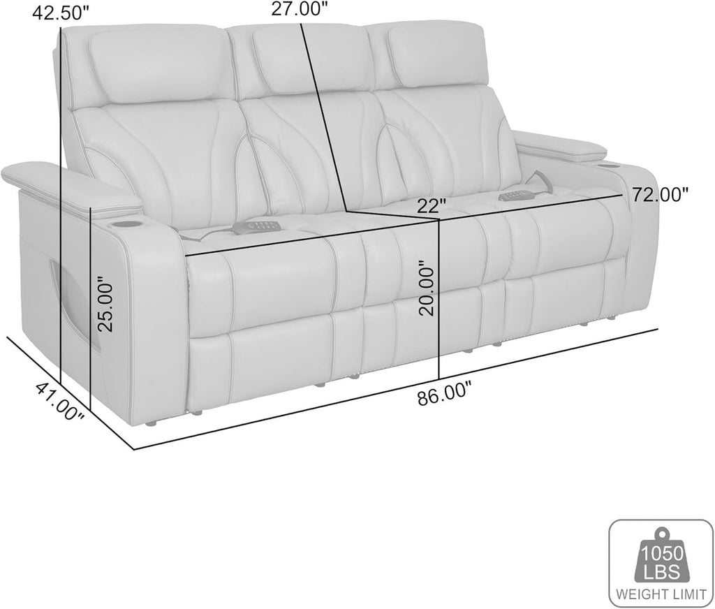 86" Wide Silver Gray Top Grain Leather Power Reclining Heated Massage Sofa S6515
