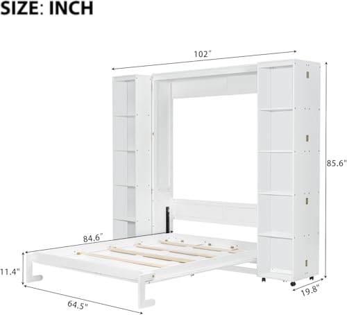 Wood White Queen Murphy Bed with Storage Shelves L259