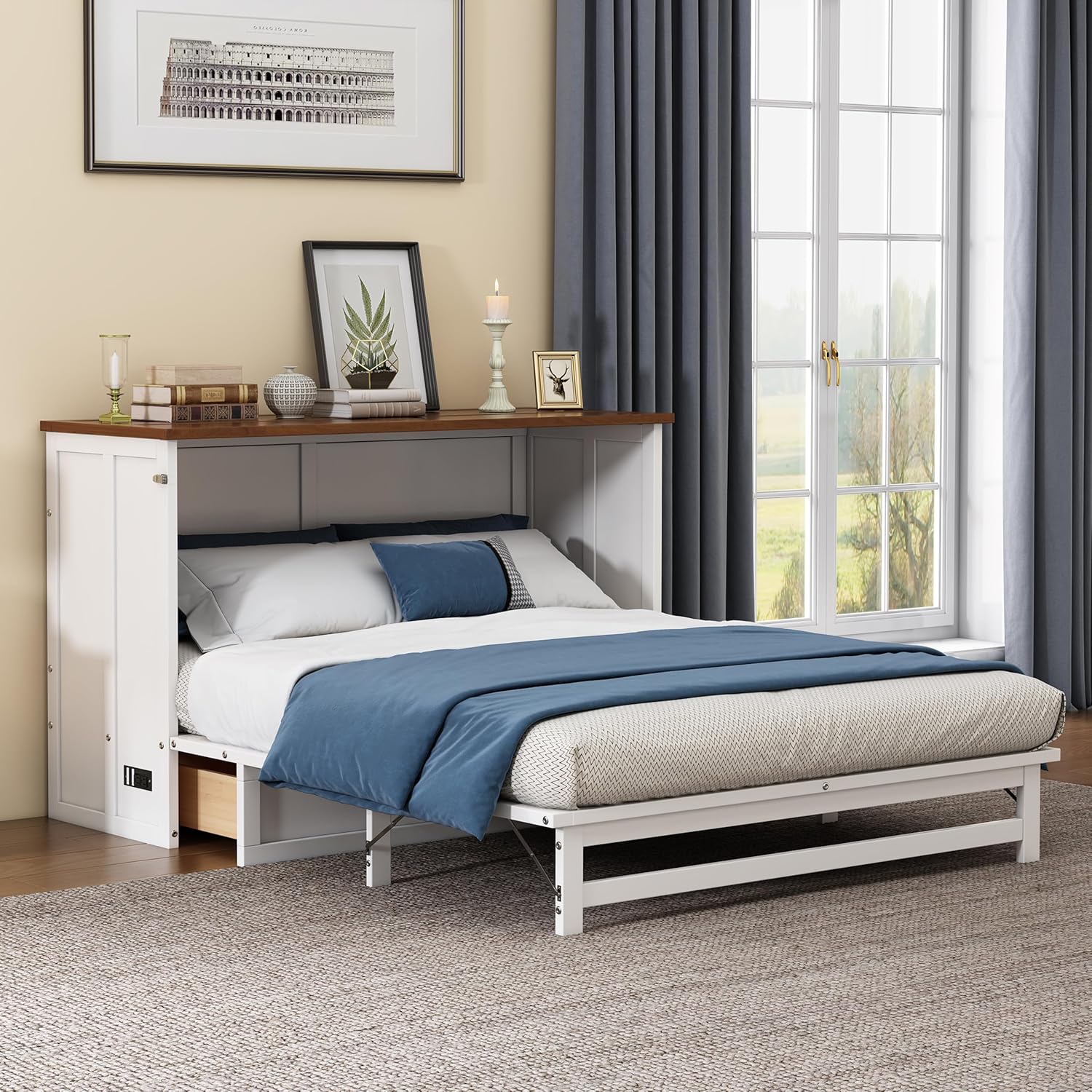 White Walnut Wood Queen Murphy Bed with Storage Drawers M753