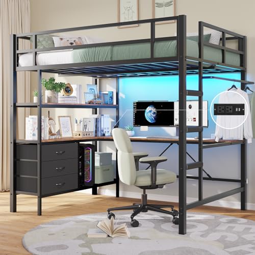 Full Size Loft Bed with L-Shaped Desk and Charging Station Metal Bed Frame with LED Lights B38506