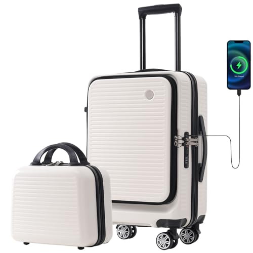 White 20 Inch Hardside Carry On Suitcase With Wheels Tsa Lock And Usb Port C4749
