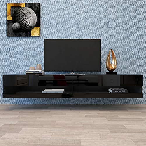 Black Wall Mounted Floating Media Console with LEDs, W 70.9 x D 16.5 x H 11.8 inch Q6375