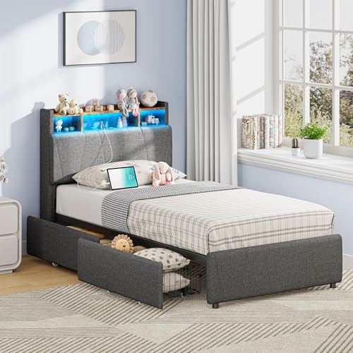 Beige Twin Upholstered Platform Bed Frame with 2 Storage Drawers and LED Lights G138