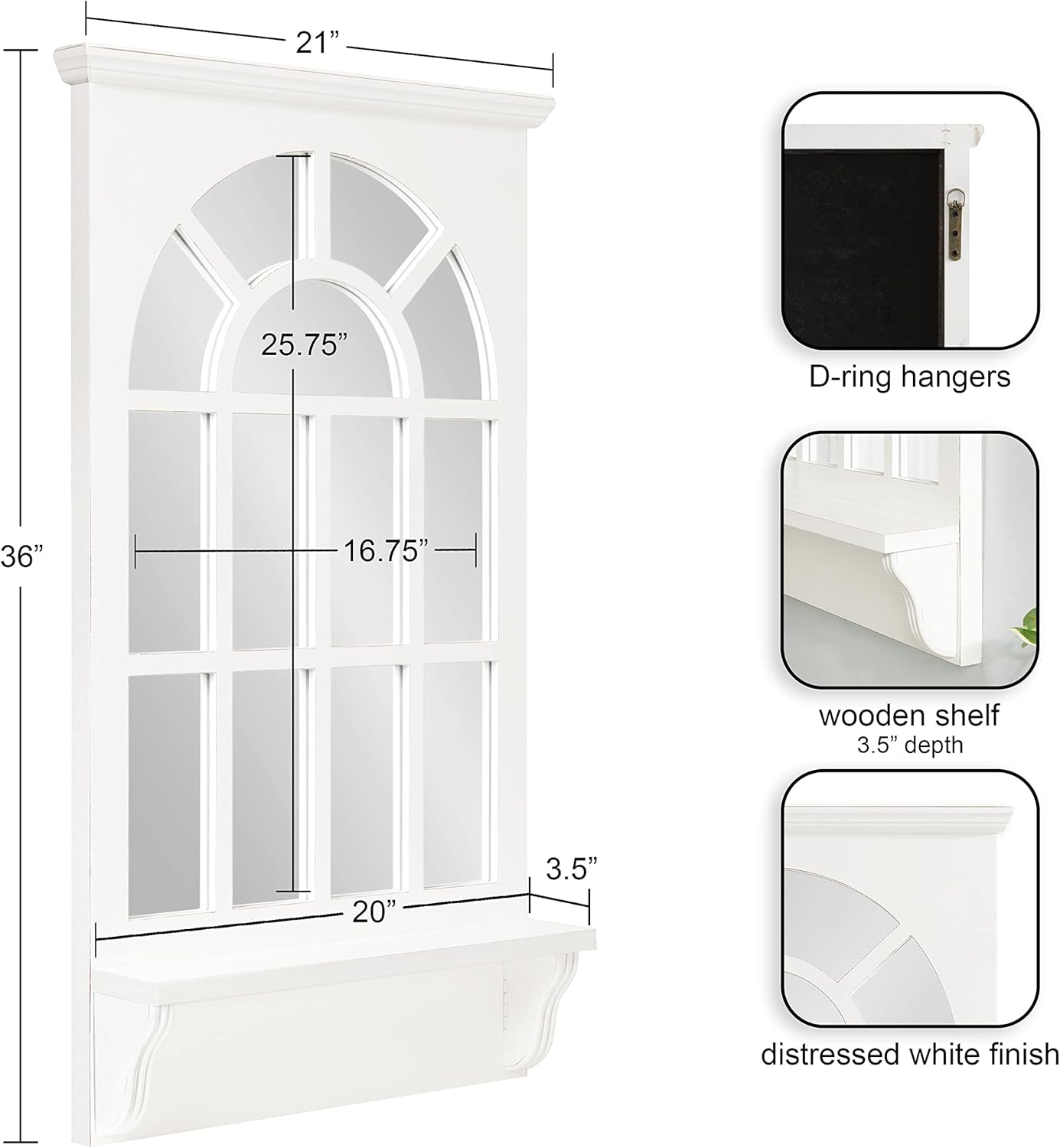 Traditional Arched Mirror with Shelf, 21 x 36, White N2126
