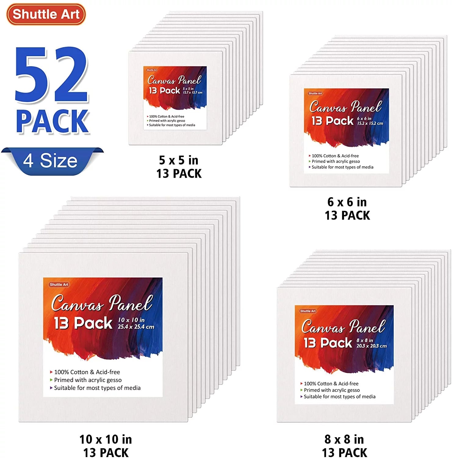 52 Multi Pack 100% Cotton Primed White Canvas Panel L765801