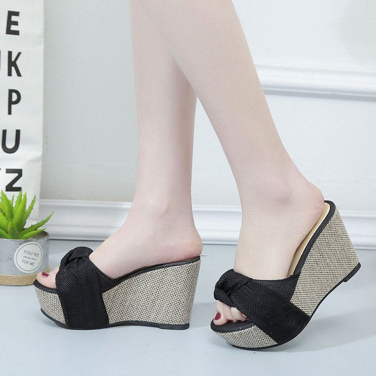 Women's Woven Knot Platform Wedge Sandals – Peep Toe Slip-On Mules
