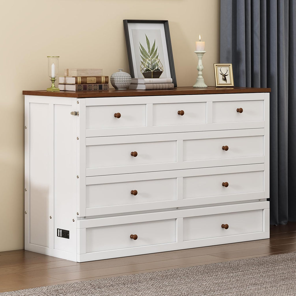 White Walnut Wood Queen Murphy Bed with Storage Drawers M753