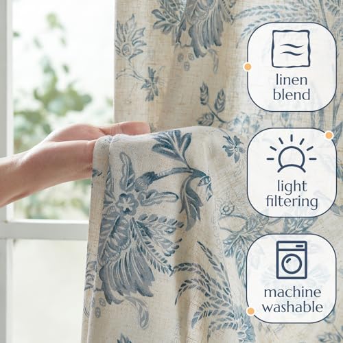 Sage Green Linen Floral Curtains 84 Inch Length Set 2 Panels T6136