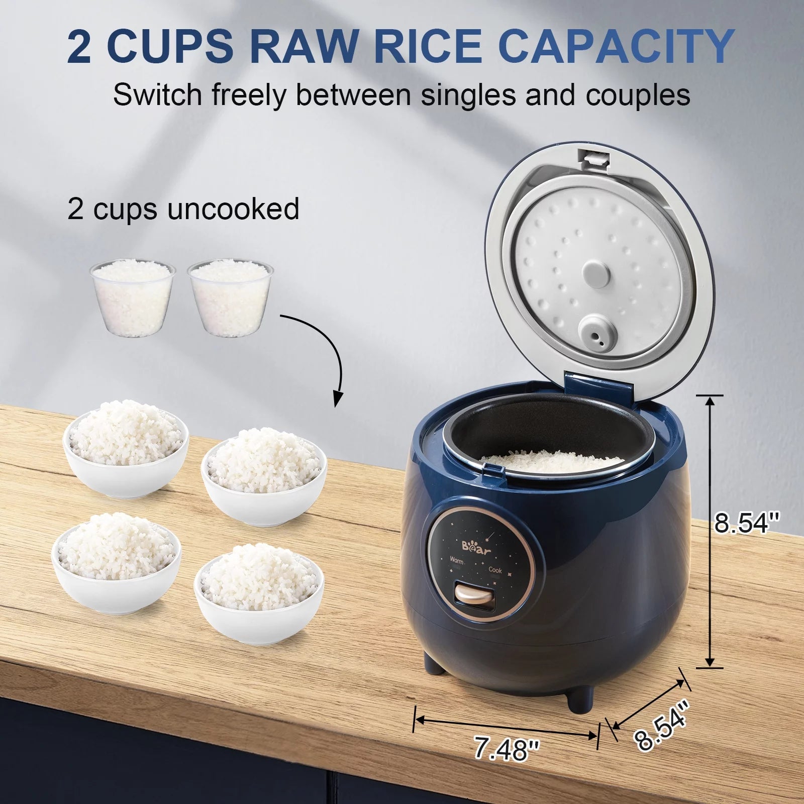 Blue 2 Cups Rice Cooker with Removable Nonstick Pot J709