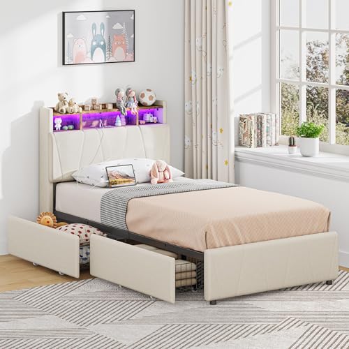 Beige Twin Upholstered Platform Bed Frame with 2 Storage Drawers and LED Lights G138