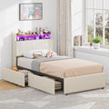 Beige Twin Upholstered Platform Bed Frame with 2 Storage Drawers and LED Lights G138