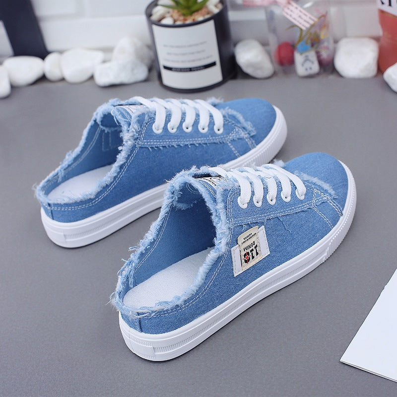 Women's Casual Canvas Slip-On Sneakers – Distressed Frayed Edge Mule Shoes