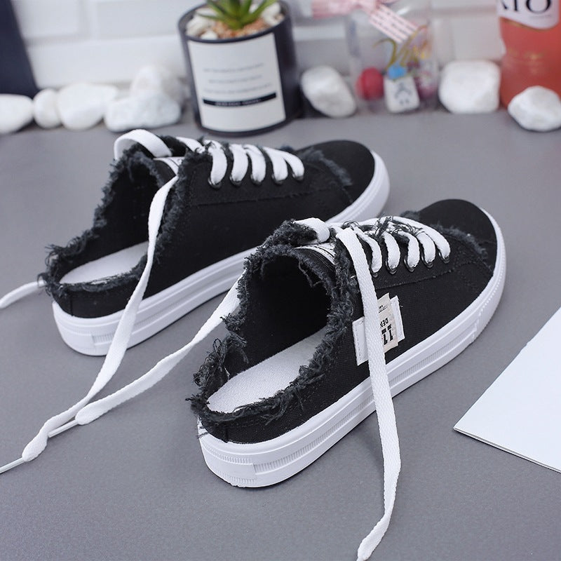 Women's Casual Canvas Slip-On Sneakers – Distressed Frayed Edge Mule Shoes