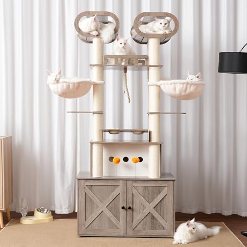 76.8-inch Wooden Cat Tree with Litter Box Enclosure and Scratching Post G229227
