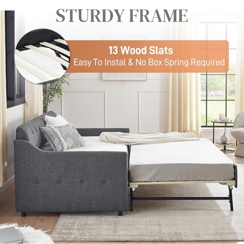 Beige Twin Daybed with Pop Up Trundle, Upholstered Sofa Bed Frame with Button Tufting Linen Trim, Wood Slats V917