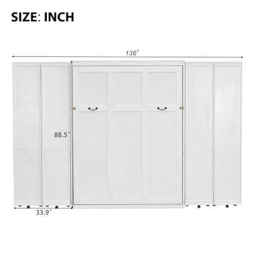 Wood White Queen Murphy Bed with Storage Shelves L259
