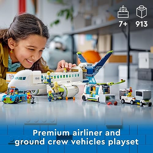 LEGO City Passenger Airplane Building Toy Set with Large Airplane, Passenger Bus, Luggage Truck, Container Loader, and 9 Minifigures C595