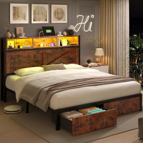 Full Size Bed Frame with Storage Bookcase Headboard and Drawers, RGB LED Lights, Vintage Brown I68269