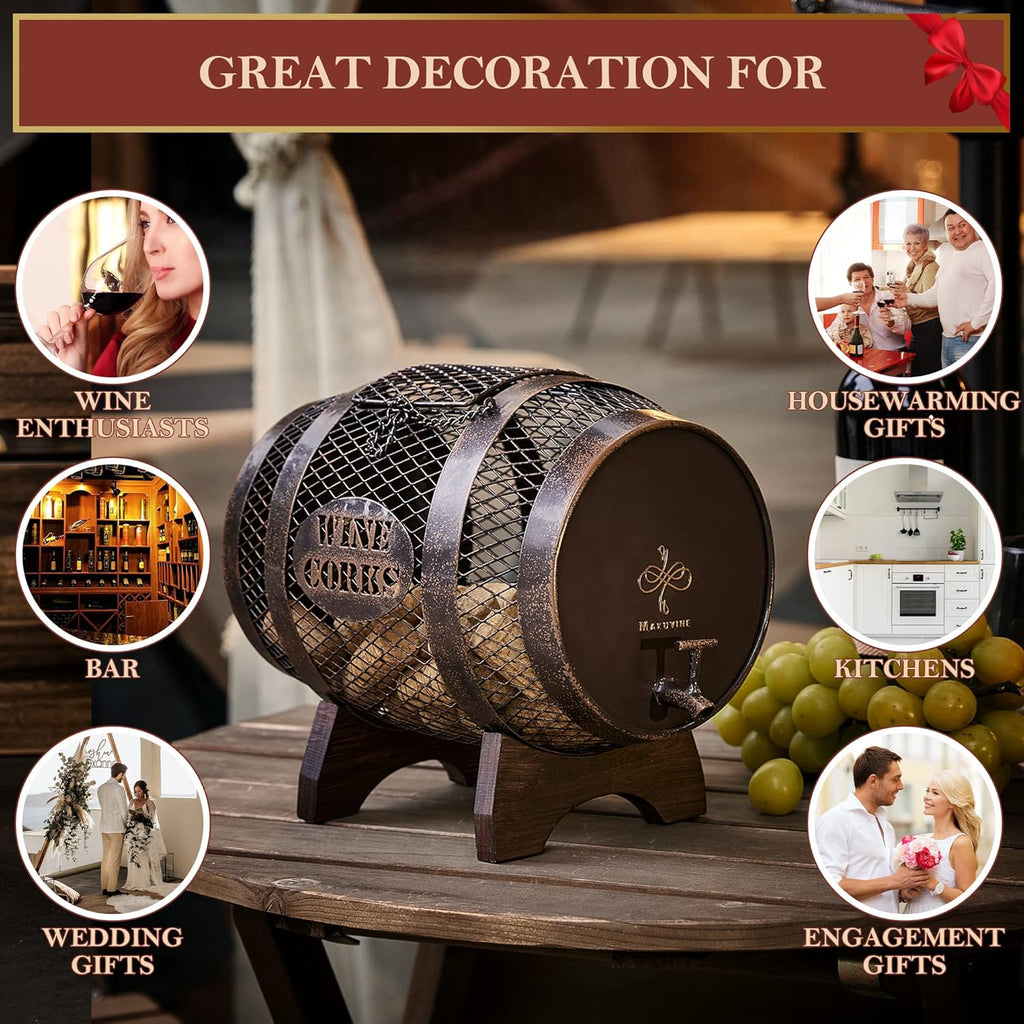 Rustic Metal Large Barrel Wine Cork Holder Display On Wooden Stand L42063
