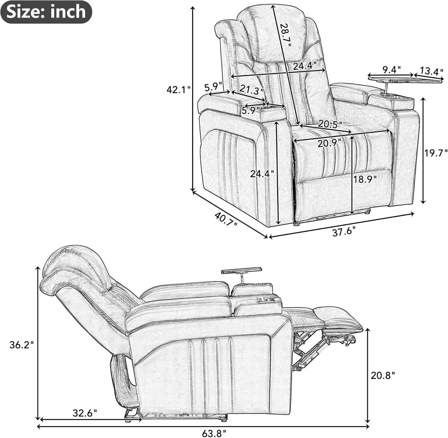 Black PU Leather Power Recliner with USB Port V2673