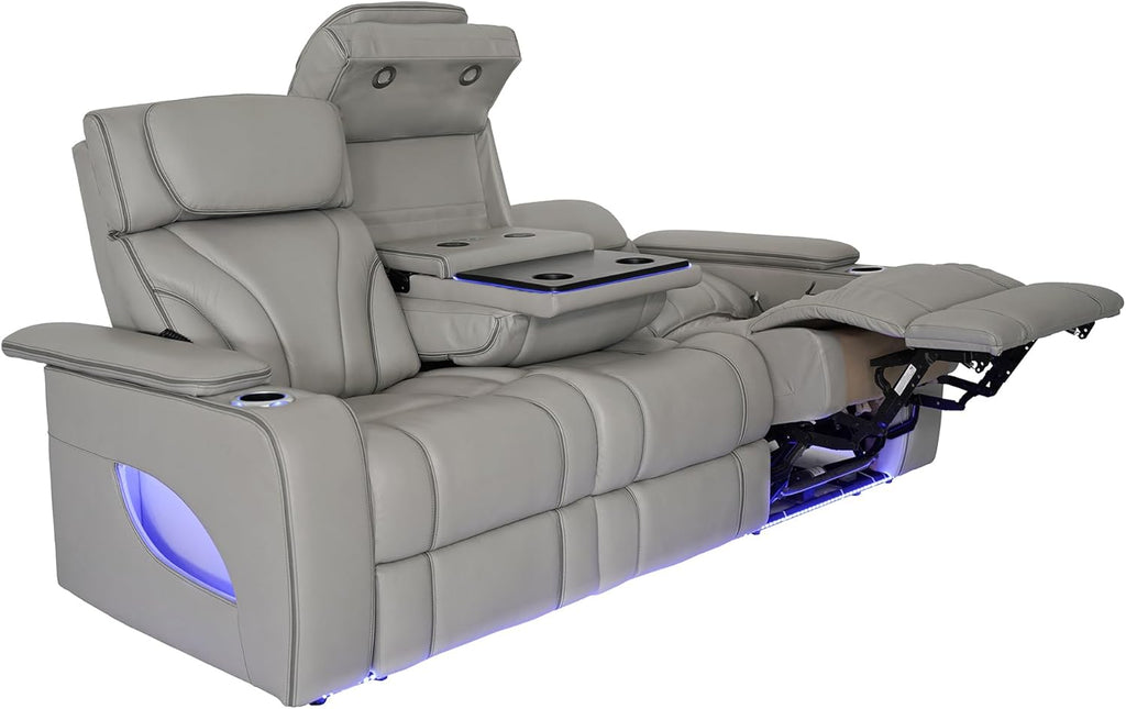 86" Wide Silver Gray Top Grain Leather Power Reclining Heated Massage Sofa S6515