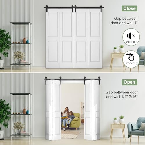 Black Bi-Folding Sliding Barn Door Hardware Track Kit for 4 Closet Door D418