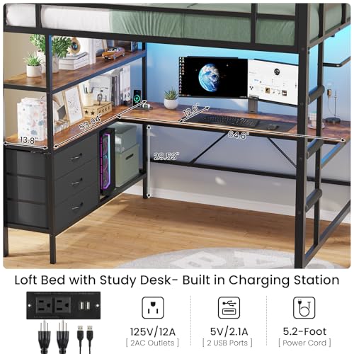 Full Size Loft Bed with L-Shaped Desk and Charging Station Metal Bed Frame with LED Lights B38506