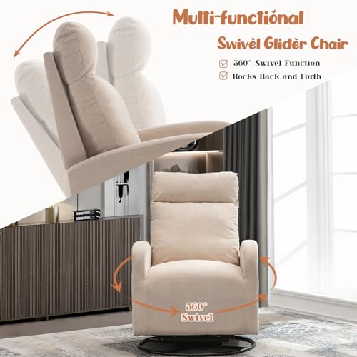 White Teddy Upholstered Swivel Rocking Nursery Chair with Side Pocket and High Backrest F36071