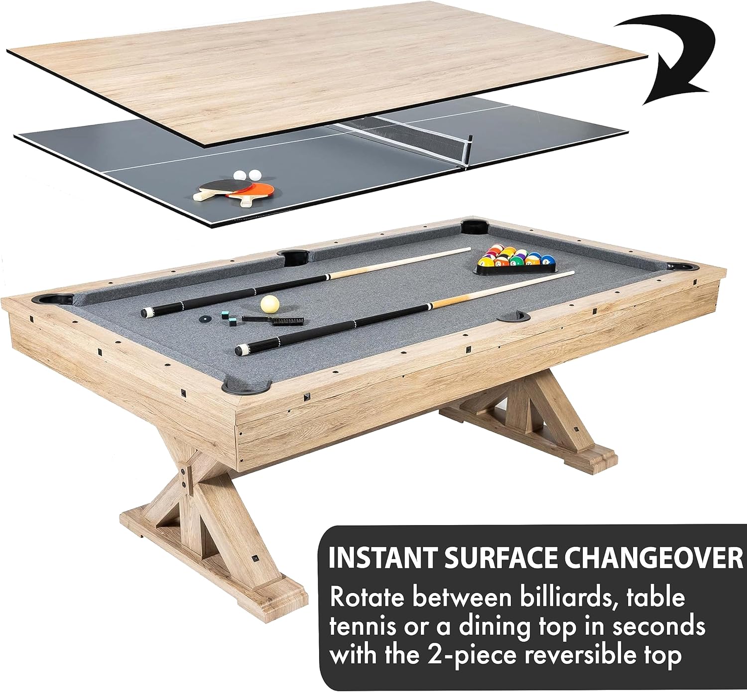 Rustic Oak 3 in 1 Multi Game Pool Table with Dining Top and Dual Storage Bench Seating C13443