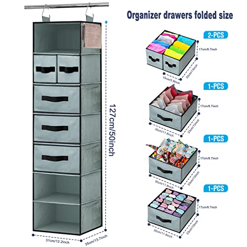 Gray 7-Shelves Hanging Closet Organizer with 5 Drawers and 8 Mesh Pockets M5460