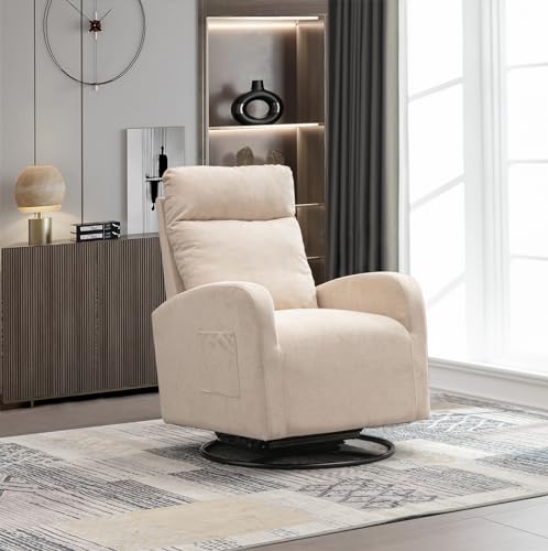 White Teddy Upholstered Swivel Rocking Nursery Chair with Side Pocket and High Backrest F36071